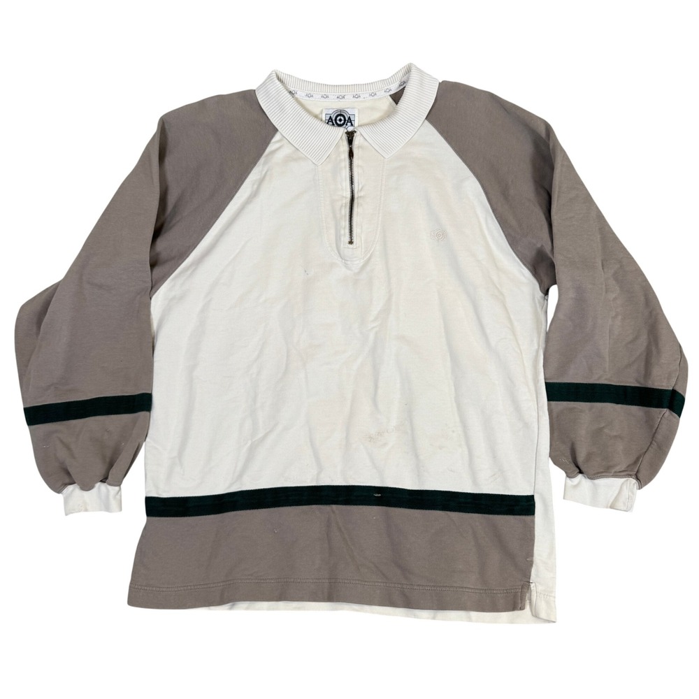 Vintage AOA 1/4 Zip Pullover Sweatshirt Mens Large Colorblock Cotton Brown Cream
